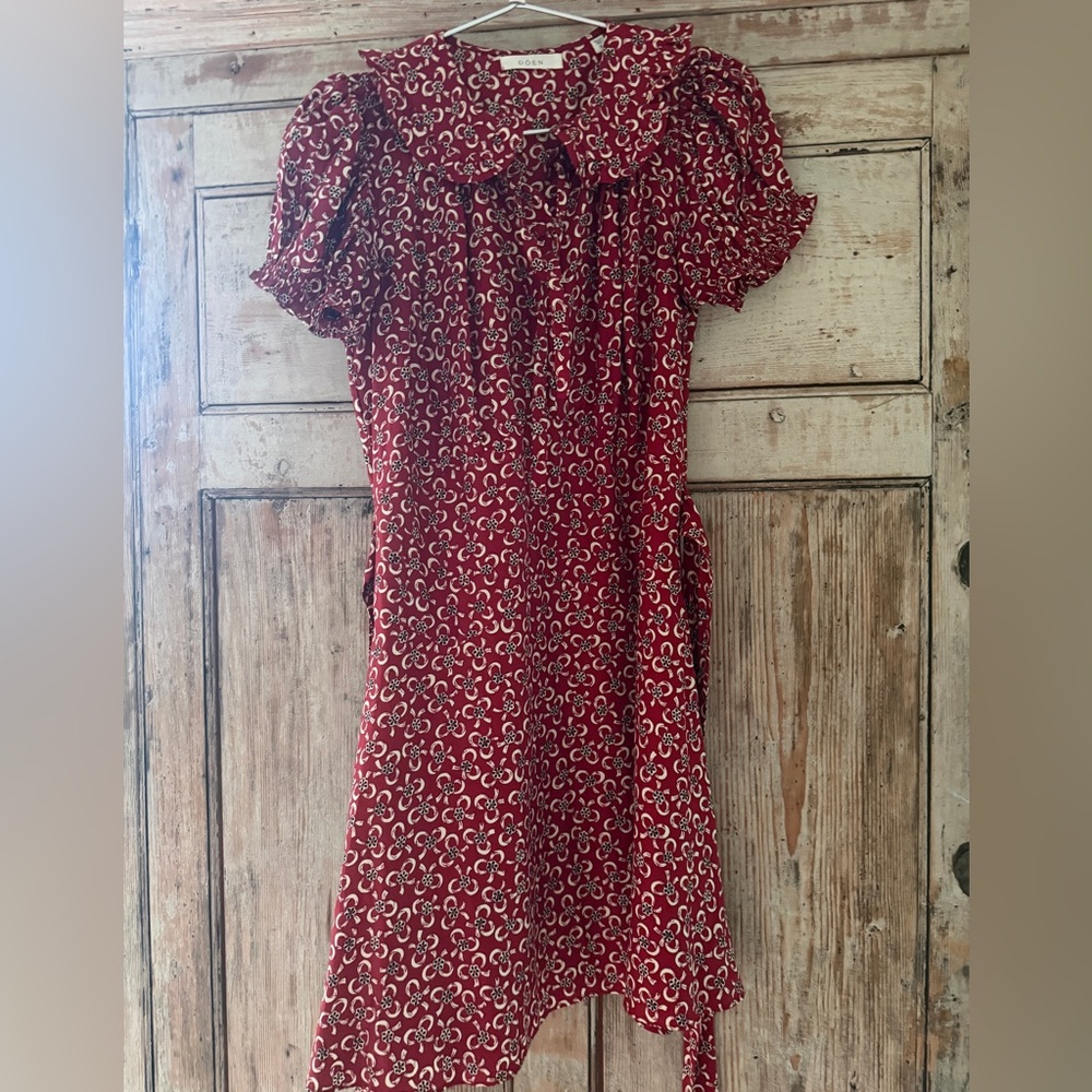 Doên Evienne Dress -- Ameline Ditsy Red Silk Bow Dress,  sz s - Picture 3 of 8
